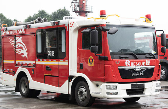 Caminhão da luta contra o incêndio do HOMEM e proposta pequenos da espuma com 8 sapadores-bombeiros